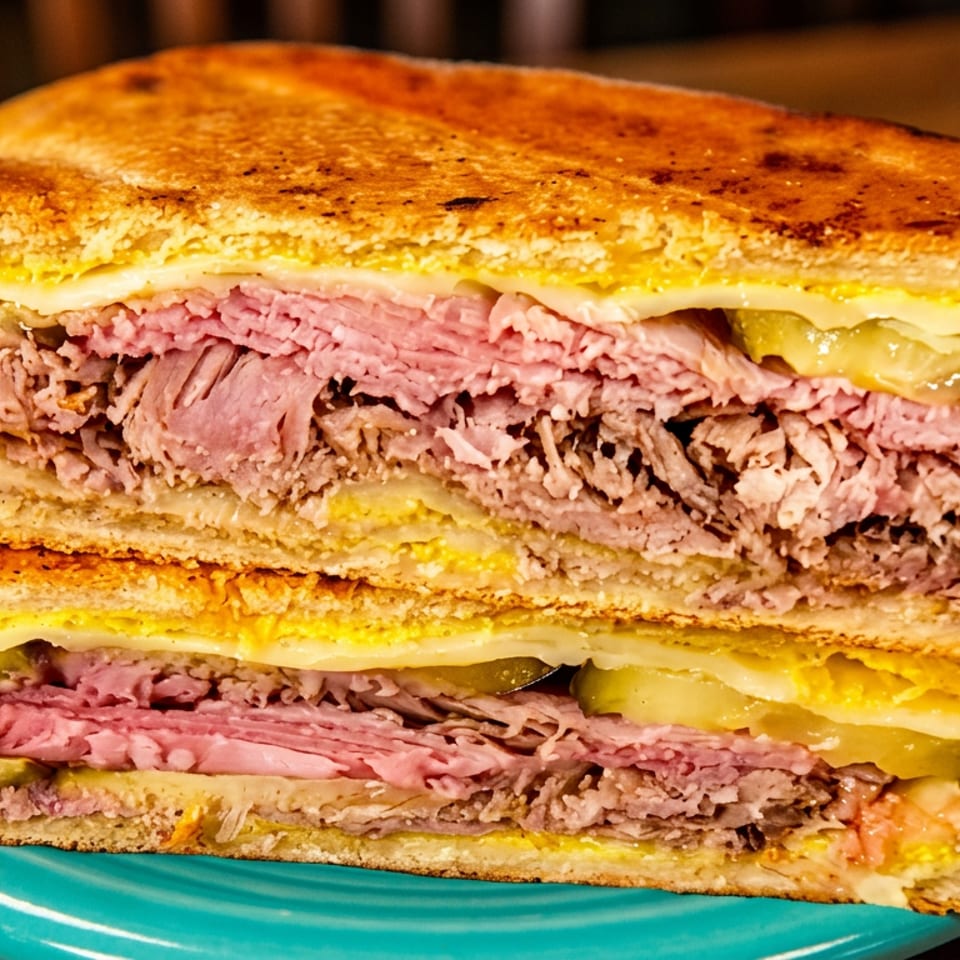 Toasted sandwich with layers of ham, pork, cheese, pickles, and mustard, cut in half on a blue plate.