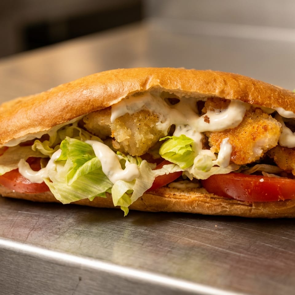 Fried shrimp sub sandwich with lettuce, tomato, and creamy sauce on a metal surface.