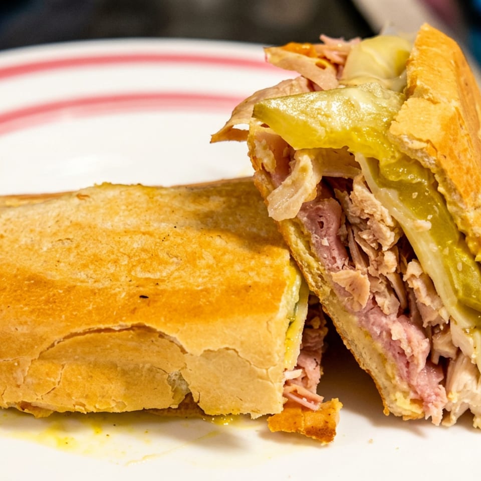 Toasted deli sandwich cut in half, filled with sliced meat, melted cheese, pickles, and onions on a red-rimmed plate.