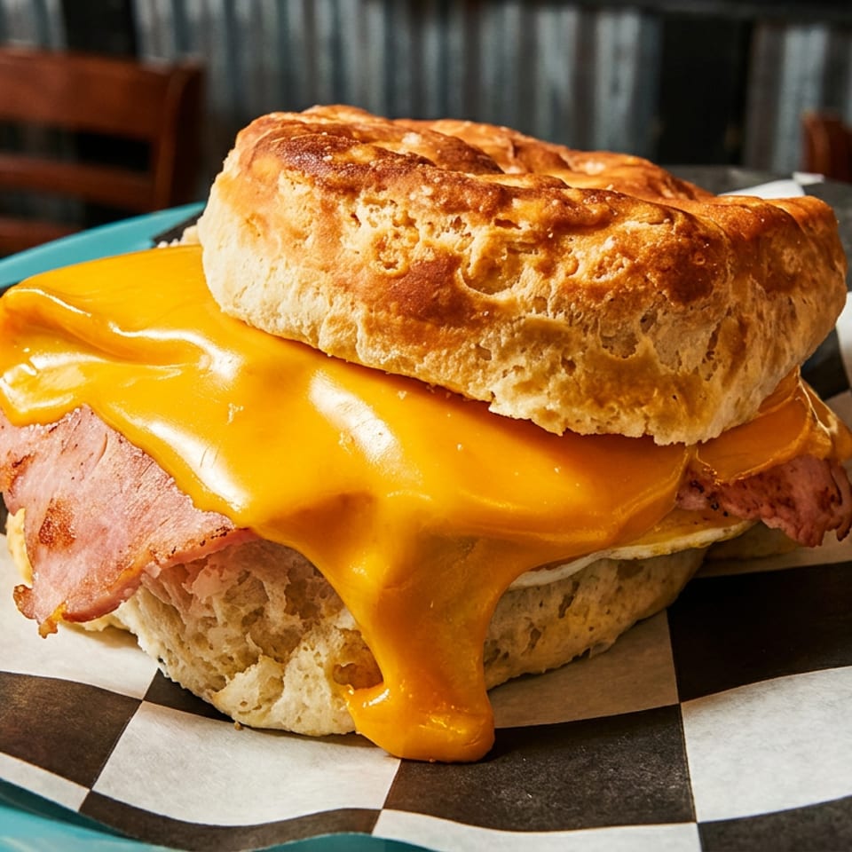 Golden biscuit sandwich with ham, melted cheese, and egg on checkered paper.
