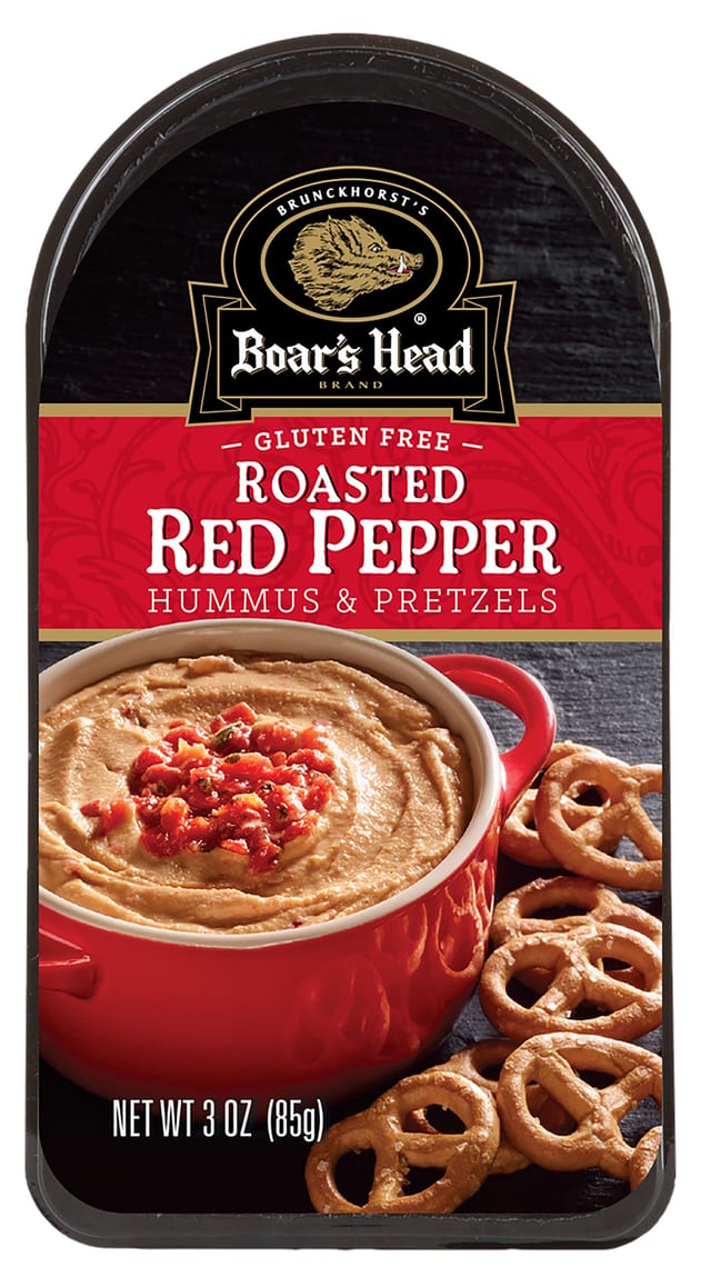 Roasted Red Pepper Hummus with Pretzels.
