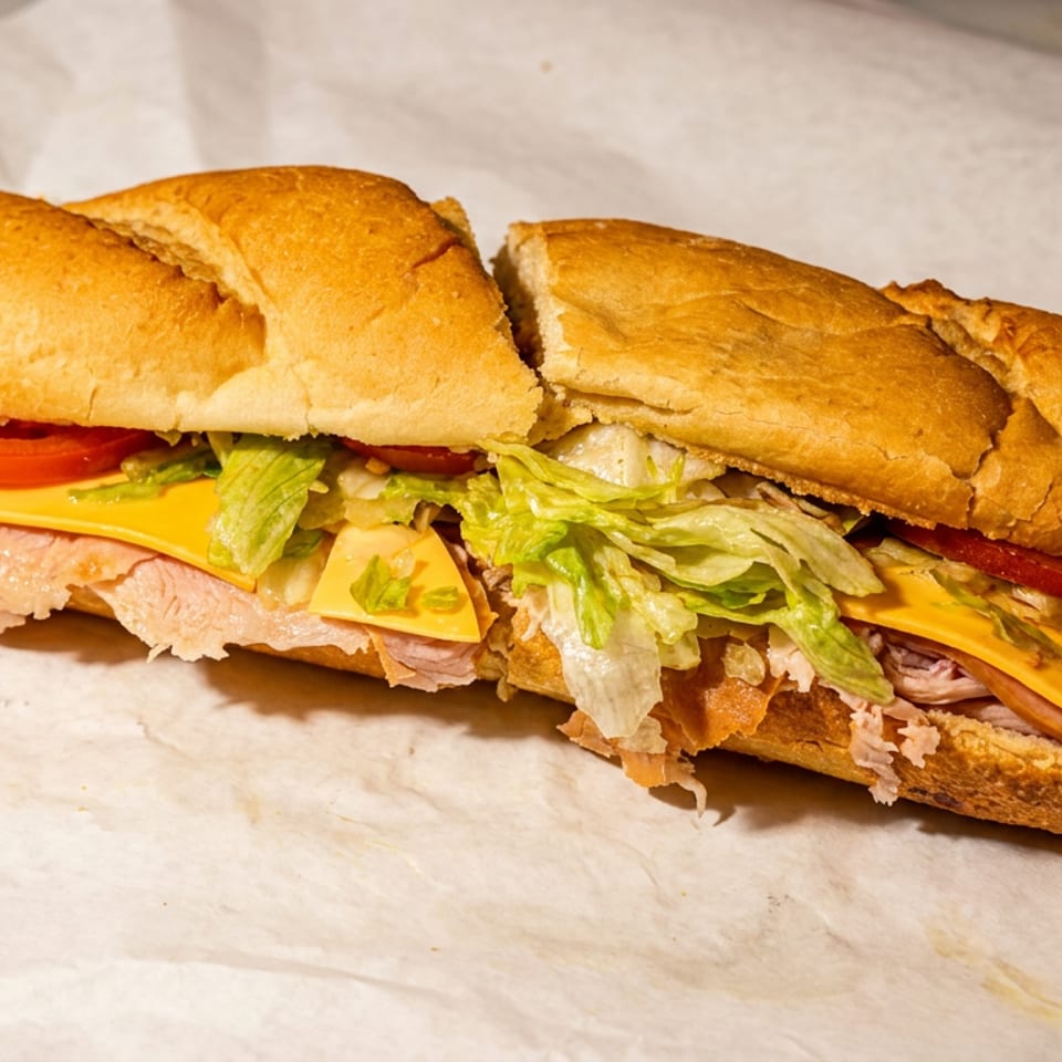Sub sandwich cut in half, filled with meat, cheese, lettuce, and tomato on white paper.